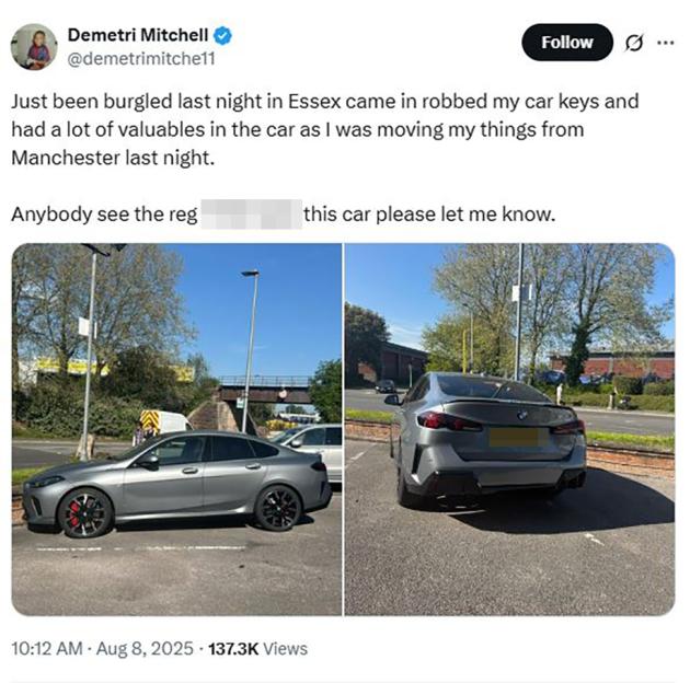 Photos of a stolen gray car.