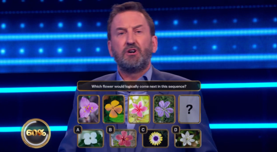 Screenshot of a quiz show question: What flower logically comes next in the sequence?