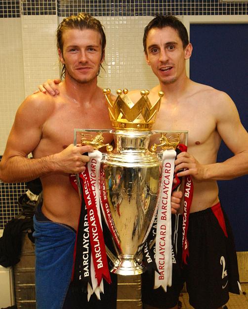 David Beckham and Gary Neville holding the Premiership Trophy.