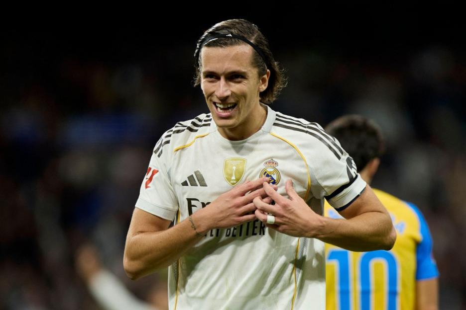 Alvaro Fernandez Carreras of Real Madrid CF celebrates after scoring a goal.