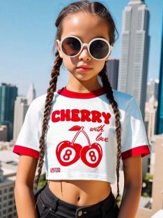 Girl wearing a white cropped t-shirt with cherries and the words