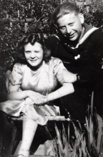 Black and white photo of a young couple courting after World War II.