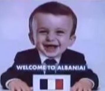 AI-generated image of a baby holding a sign that says