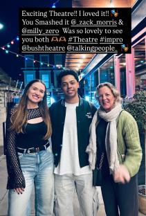 Photo of Lorraine Stanley with two other people after a theatre performance.