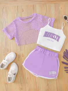 Three-piece girls' outfit: lavender mesh top, white tank top with