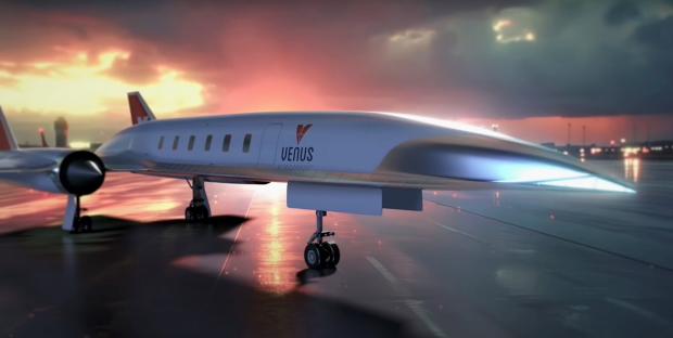 Illustration of a Venus hypersonic jet on a runway.