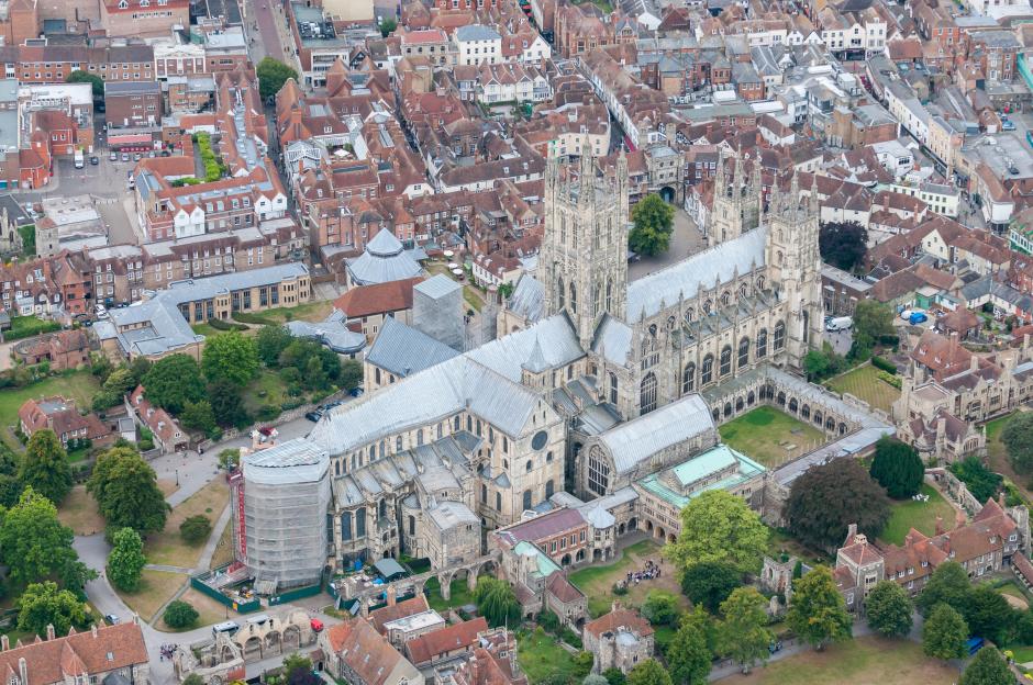 Aerial view of Canterbury Cathedral and surrounding buildings.