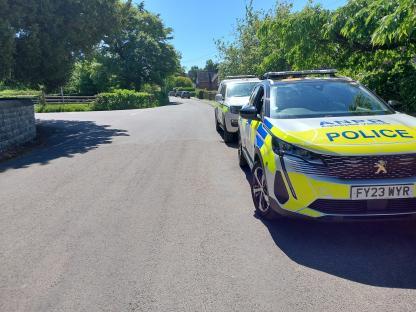Police cars parked on a residential street.