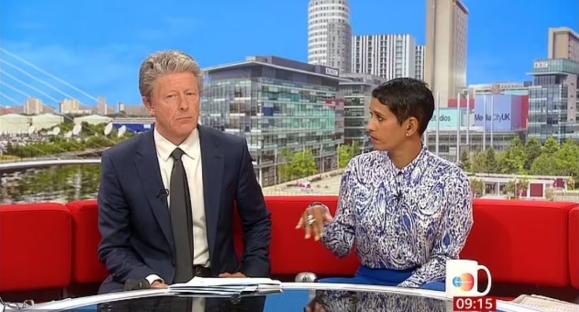Naga Munchetty and Charlie Stayt during a BBC Breakfast interview.