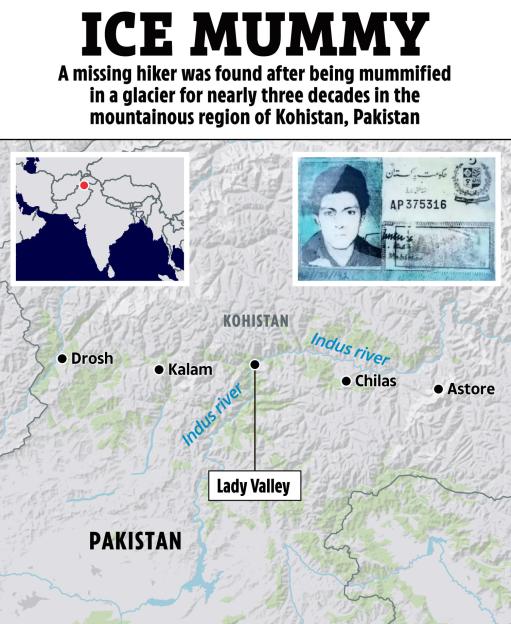 Illustration of a map showing the location in Pakistan where a mummified hiker was found, along with a photo of the hiker's ID.
