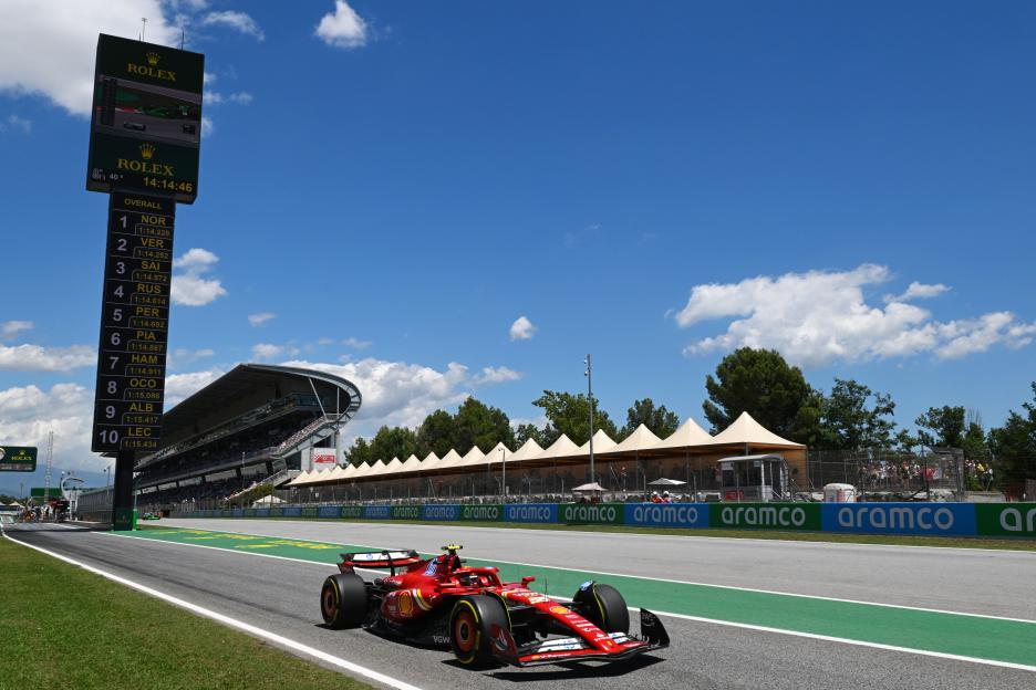 Carlos Sainz driving the Ferrari SF-24 car in Barcelona, Spain during the F1 Grand Prix of Spain practice.