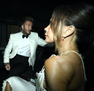 David and Victoria Beckham at David Beckham's 50th birthday party.