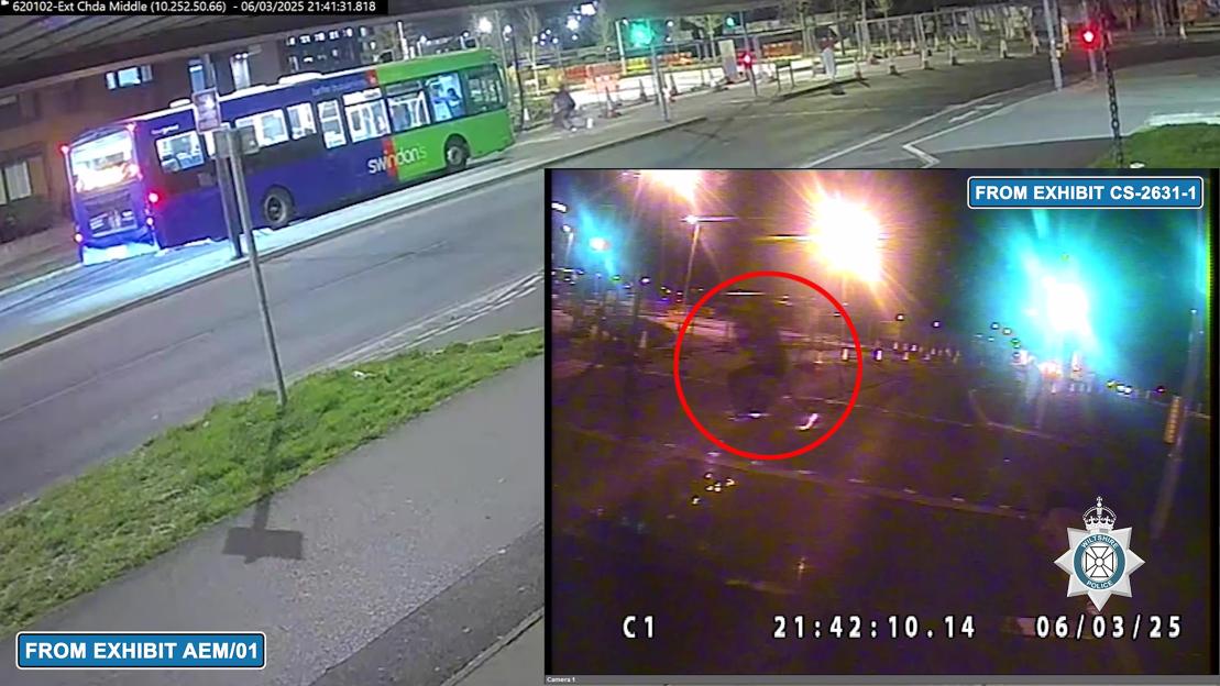 Collage of CCTV footage showing a blue and green bus driving down a street at night, and a zoomed-in, grainy image of a figure in a red circle near a bright light.