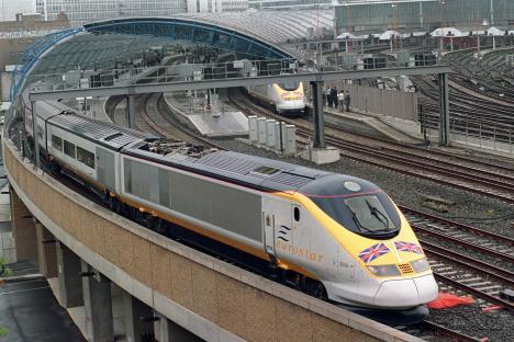 Eurostar train departing Waterloo Station.
