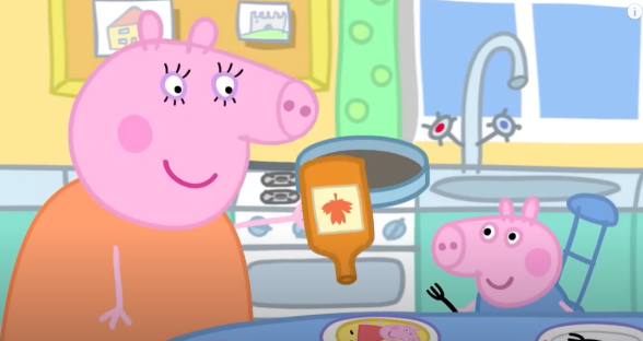 Illustration of Peppa Pig and her sibling preparing pancakes.