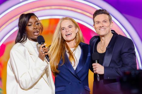 AJ Odudu, Patsy Palmer, and Will Best at a Celebrity Big Brother eviction.