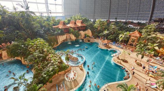 Aerial view of Tropical Islands Resort Berlin's pool area.