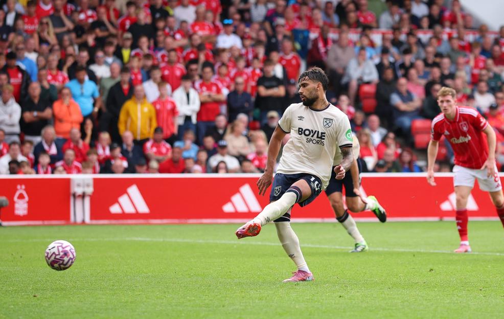 Lucas Paqueta of West Ham United taking a penalty kick.