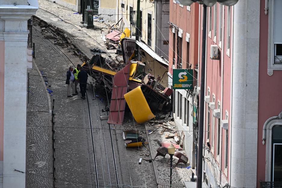 Debris of a derailed funicular in Lisbon, Portugal.