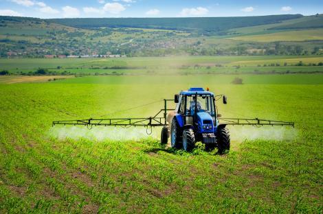 Tractor spraying a field.