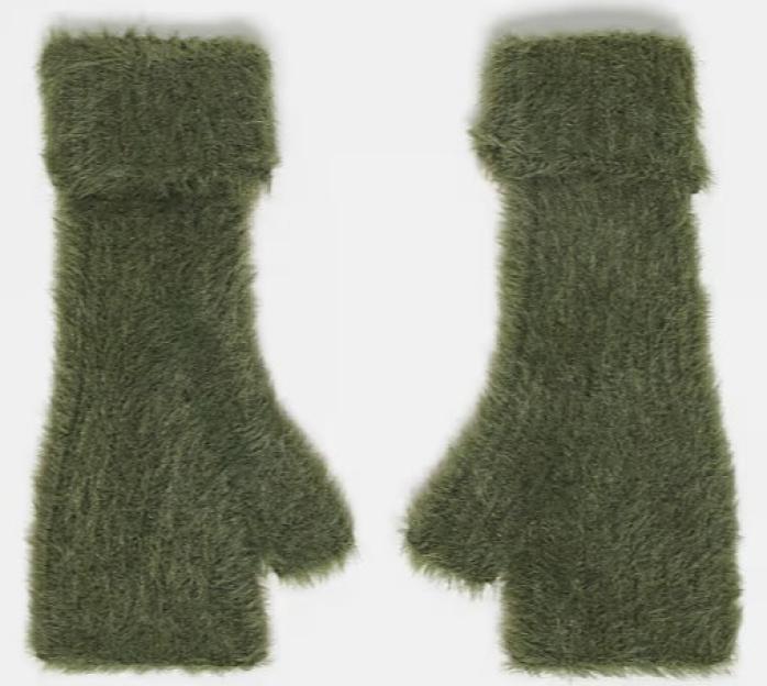 ASOS DESIGN knitted eyelash fingerless gloves in khaki.