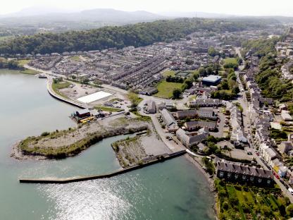 Aerial view of Bangor, Wales harbor and waterfront.