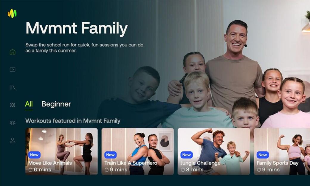 Screenshot of the Mvmnt Family app showing family workout videos.