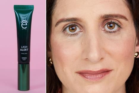An image collage containing 2 images, Image 1 shows Eyeko Lash Alert Lift & Curl Mascara in green, Image 2 shows Portrait of Claire Coleman, beauty writer