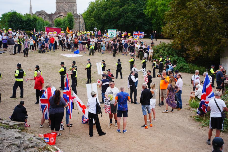 Protesters and counter-protesters at a rally in Bristol, UK.
