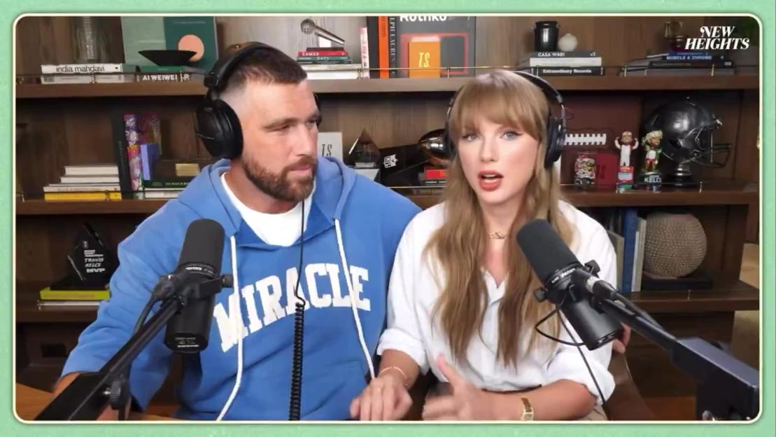 Taylor Swift and Travis Kelce on the New Heights podcast.