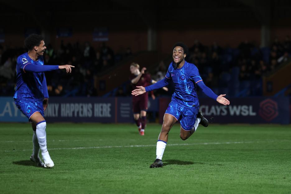 Ryan Kavuma-McQueen of Chelsea celebrating a goal.