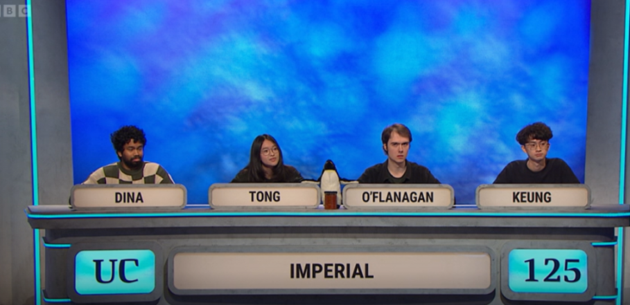 The Imperial College London team, with members Dina, Tong, O'Flanagan, and Keung, competes on a quiz show.