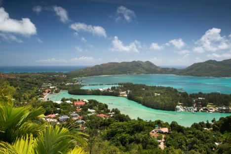 Aerial view of Baie St Anne, Praslin, Seychelles.