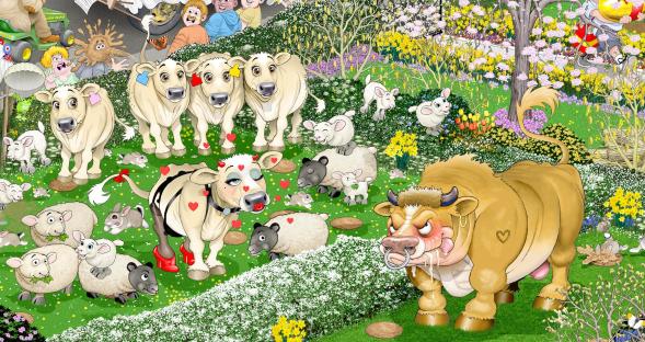 Illustration of cows, sheep, a bull, and rabbits in a garden.