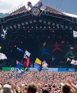 This is a stock image of band on the Pyramid stage at Glastonbury Festival, portrait. See PA Feature HEALTH Festival Hearing. WARNING: This picture must only be used to accompany PA Feature HEALTH Festival Hearing. PA Photo. Picture credit should read: Alamy/PA. NOTE TO EDITORS: This picture must only be used to accompany PA Feature HEALTH Festival Hearing .