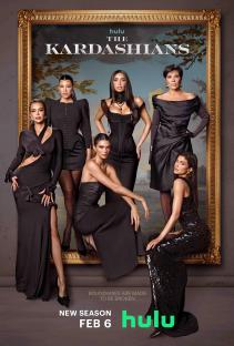The Kardashians season 6 promotional image: the Kardashian-Jenner family in black dresses posed in an ornate gold frame.