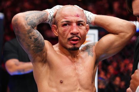 Jose Aldo of Brazil reacting to a decision loss in a UFC featherweight bout.
