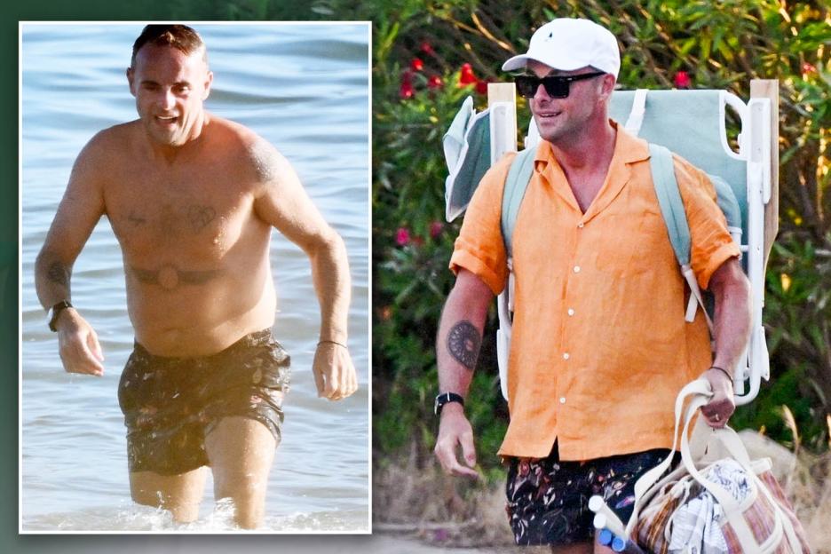 Collage of a man swimming in the ocean and carrying a beach chair.