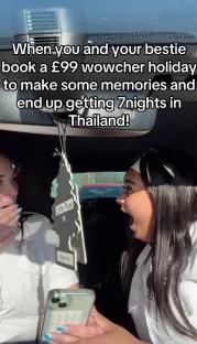 Two women react excitedly in a car after booking a cheap holiday to Thailand.