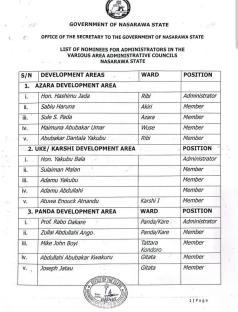 Governor Sule nominates administrators, members for 18 area administrative councils in Nasarawa 7