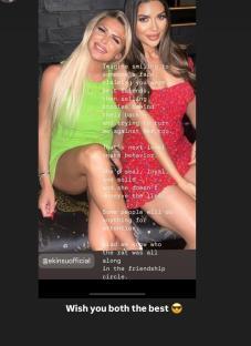 Screenshot of an Instagram post showing two women and text alleging betrayal in a friendship.