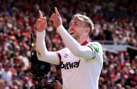 Jarrod Bowen of West Ham United celebrates scoring a goal.