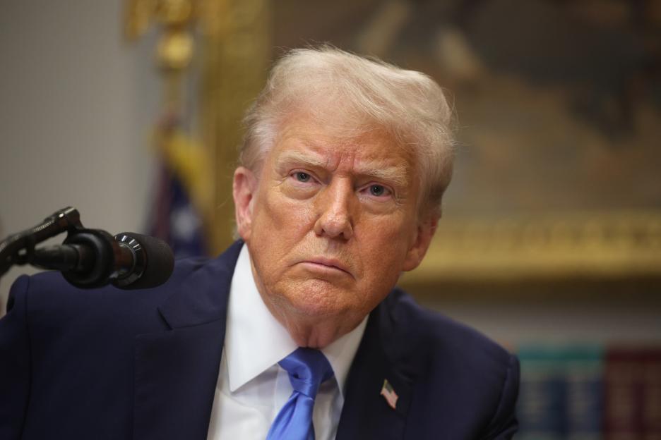 President Donald Trump at a press briefing in the Roosevelt Room of the White House.