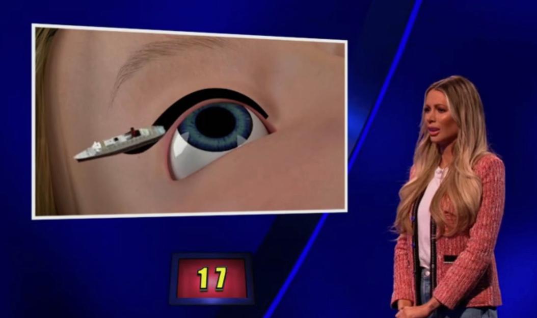 Olivia Attwood on Celebrity Catchphrase, with a visual clue showing a boat in an eye and the number 17.