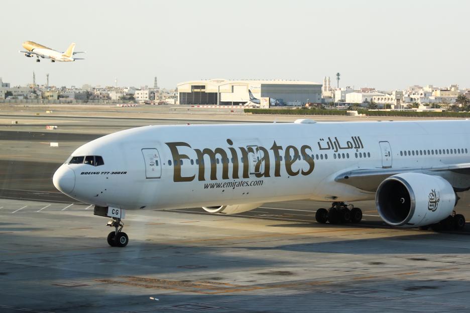 Emirates Boeing 777-300ER at Manama airport.