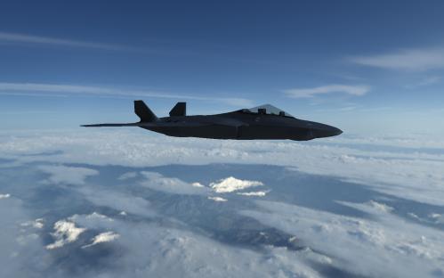 CGI image of two Tempest fighter jets flying over a foggy landscape at sunrise.