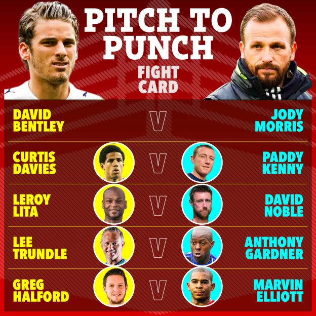 Fight card for "Pitch to Punch" boxing matches, listing fights between David Bentley vs. Jody Morris, Curtis Davies vs. Paddy Kenny, Leroy Lita vs. David Noble, Lee Trundle vs. Anthony Gardner, and Greg Halford vs. Marvin Elliott.