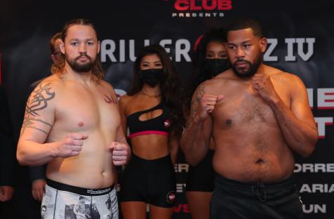 Boxers Trey Lippe and Mike Balogun at a weigh-in.