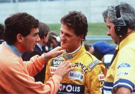 Ayrton Senna and Michael Schumacher at the 1992 Belgian Grand Prix.