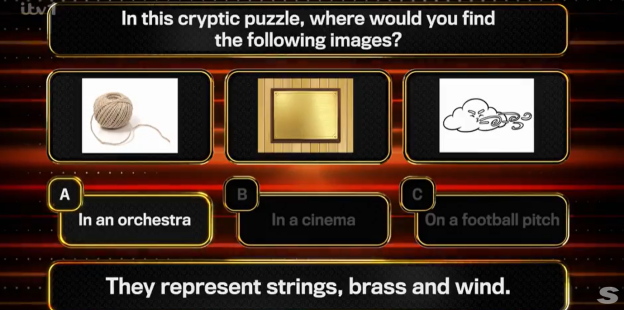 Cryptic puzzle: where would you find images of string, brass, and wind instruments? Options: orchestra, cinema, football pitch.